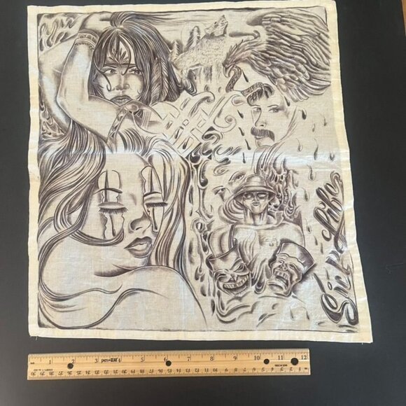 Vtg Prison Art Pano/Bandana Woman, Howling Wolf, Eagle Cholo RARE Collectible - Picture 3 of 3